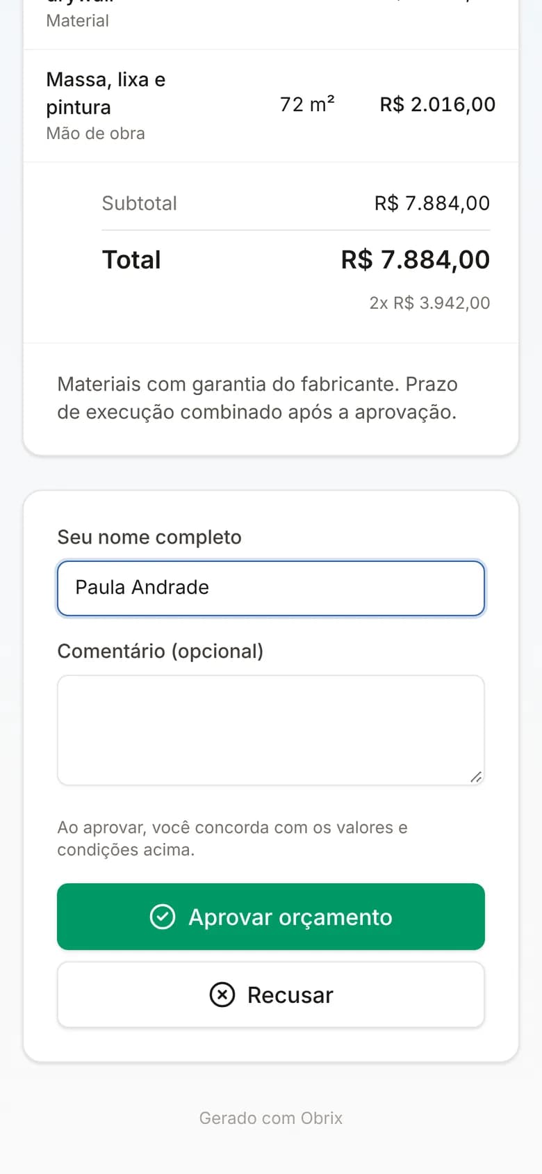 Página do orçamento no celular do cliente com o botão Aprovar
