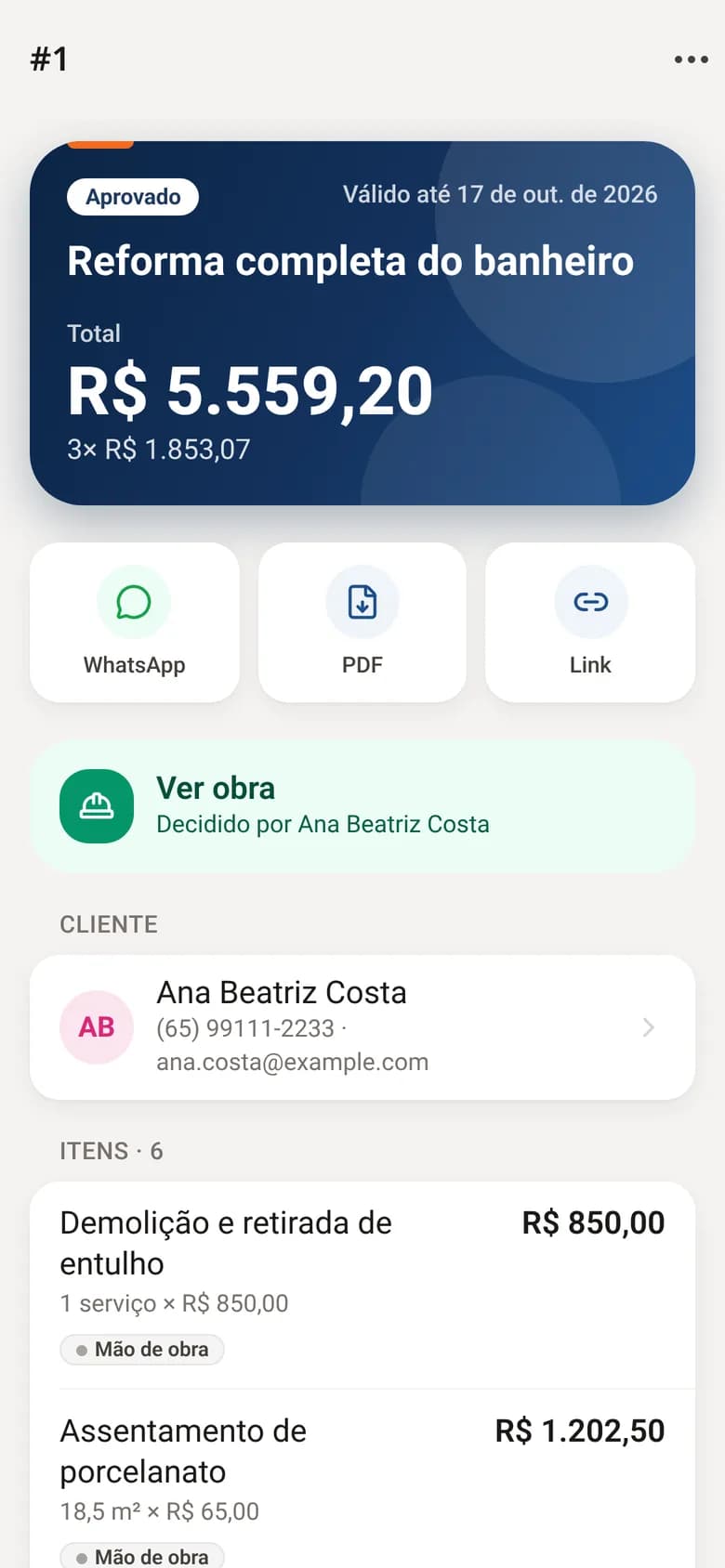 Orçamento aberto no app Obrix