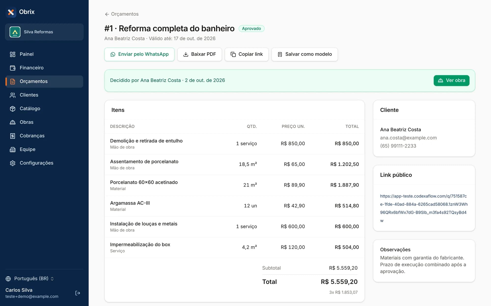 Orçamento no Obrix com itens, totais e link de aprovação
